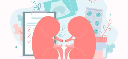 Grafika 2D prezentująca nerki oraz procedury medyczne dotyczące diagnostyki chorób i leczenia.