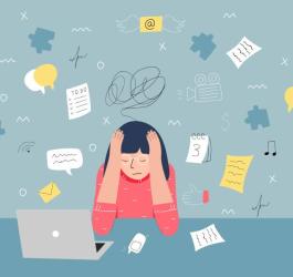 Rysunkowa kobieta siedzi zrezygnowana przy komputerze, cierpi na wypalenie zawodowe.