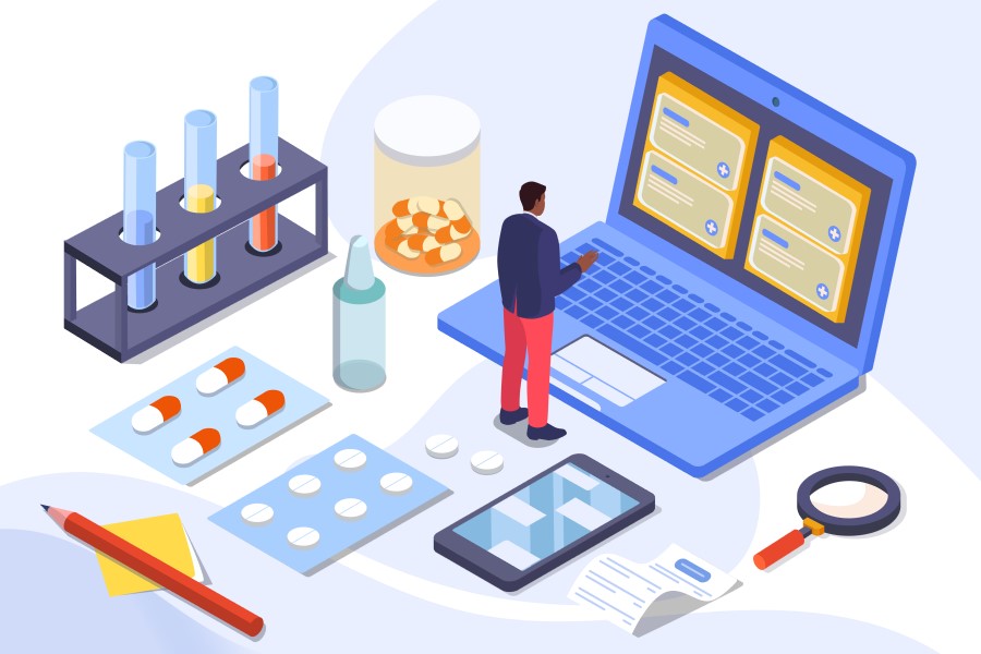 Rysunkowa postać dokonuje zakupu w aptece internetowej.