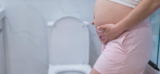Ciężarna kobieta stoi obok toalety, dokucza jej problem zaparć w ciąży.