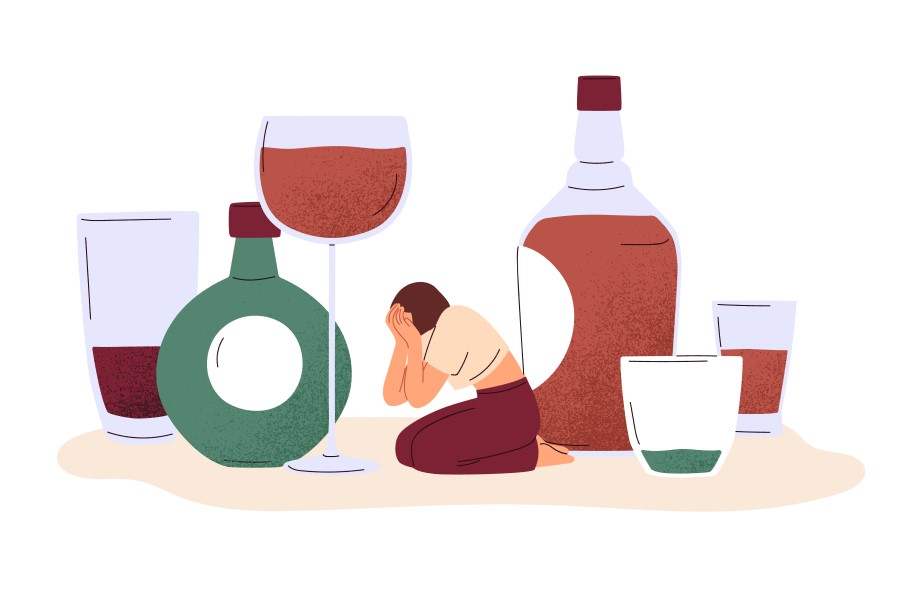 Rysunkowa kobieta wśród butelek, cierpiąca na alkoholowy zespół abstynencyjny.