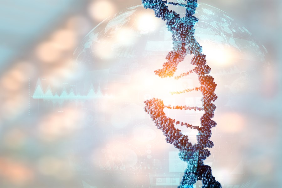 Model łańcucha DNA z widocznym uszkodzeniem, sugerującym chorobę genetyczną.