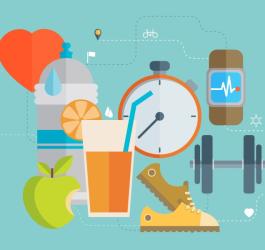 Grafika 3D przedstawiająca elementy zdrowego stylu życia - sport, zdrowa dieta.