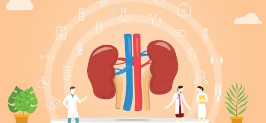 Grafika 2D ludzkich nerek i lekarzy, którzy je leczą np. z zespołu nerczycowego.