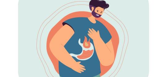 Rysunkowy mężczyzna męczy się ze zgagą, odczuwa pieczenie w przełyku.